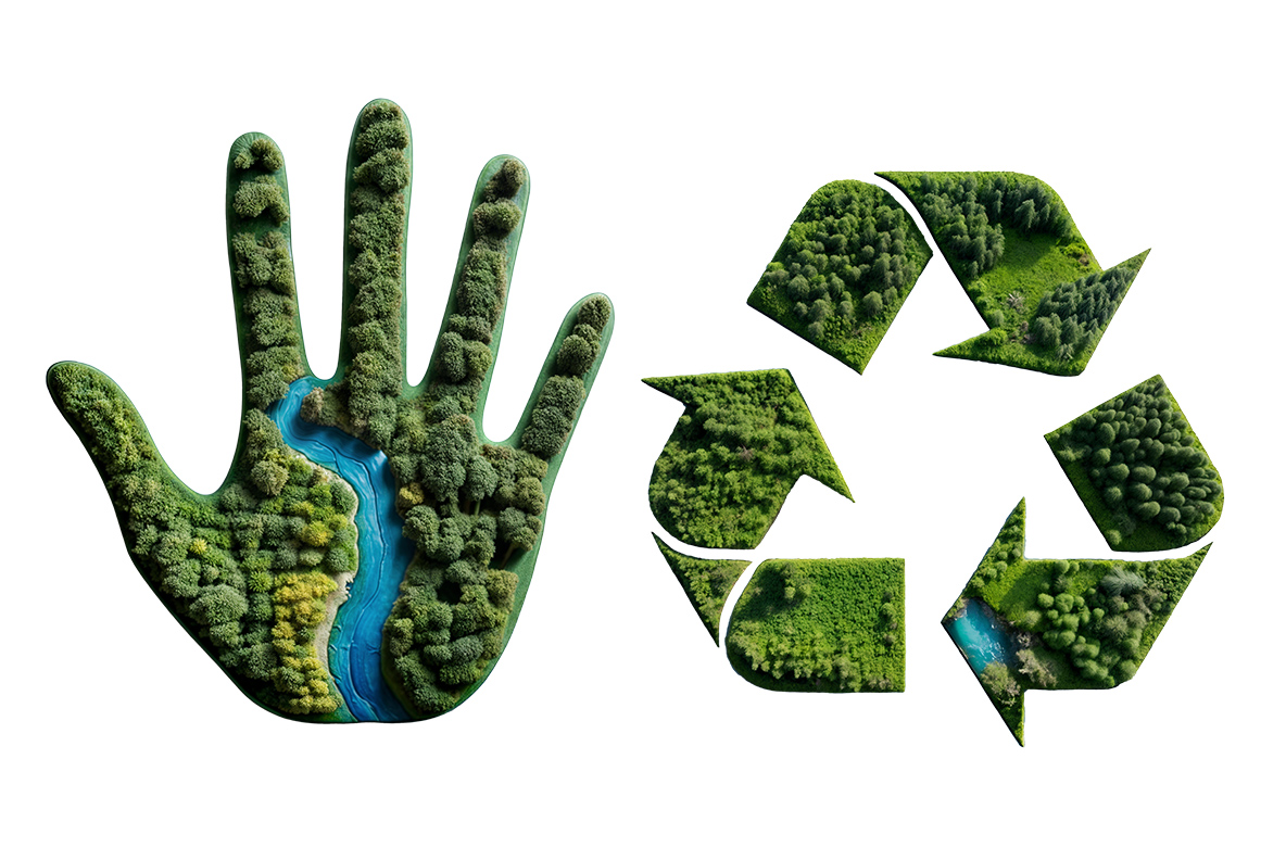 Open hand and recycling symbol built from forest canopy alongside the NatureForm Font