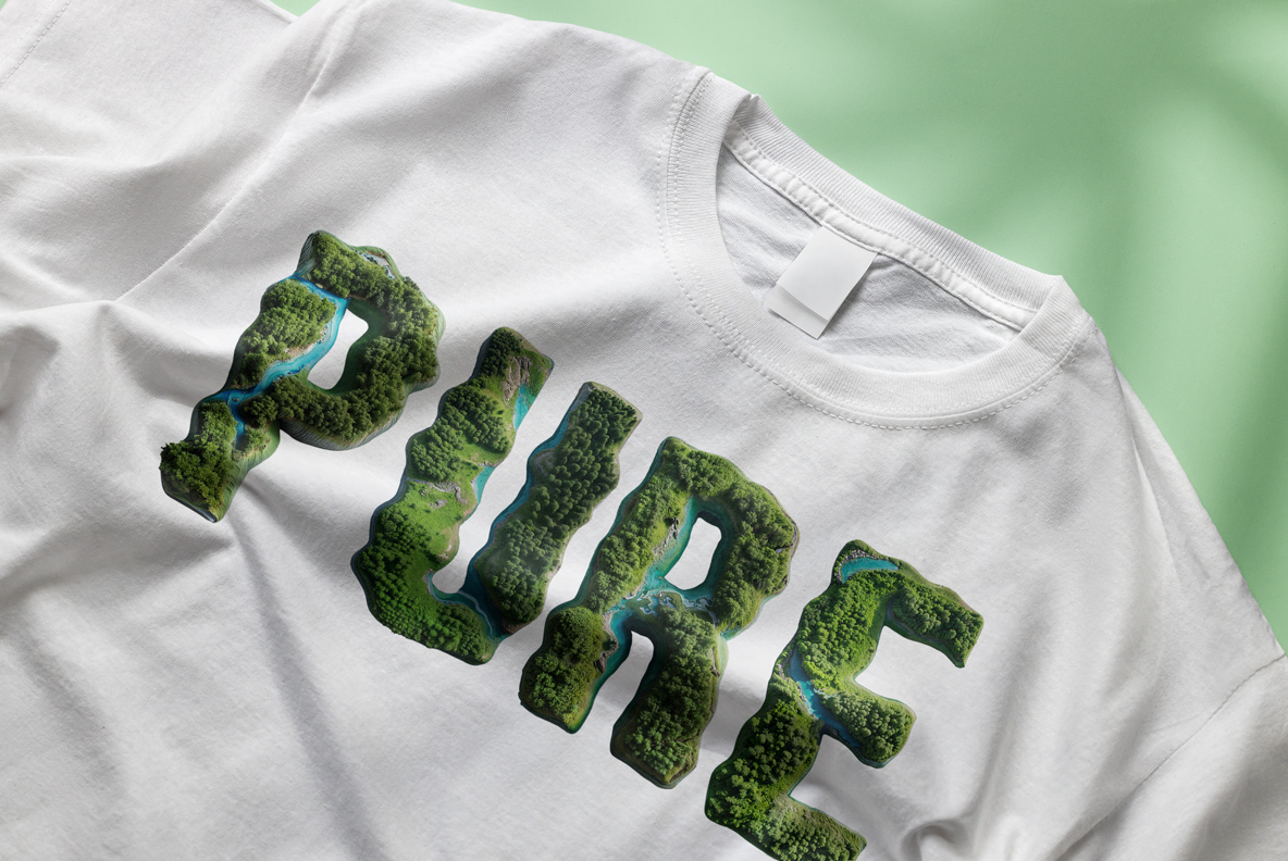 White shirt printed with a green word in the NatureForm Font