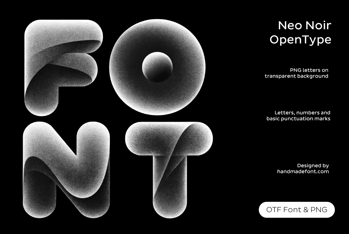 Neo Noir Font – Monochrome FONT Product Cover Neo Noir Font word FONT formed from sculptural grayscale folds on a black OpenType product cover