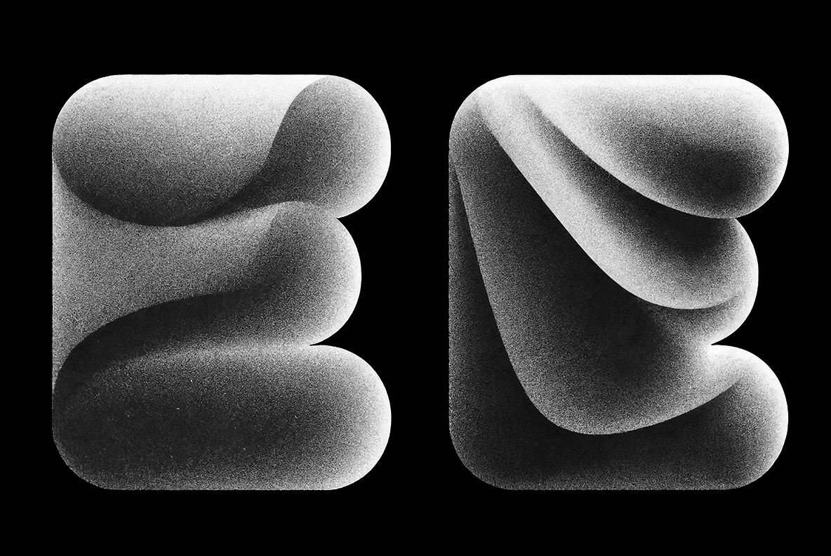 Neo Noir Font – Sculptural Letter E Study Neo Noir Font letter E shown in two folded monochrome sculptural variations on black