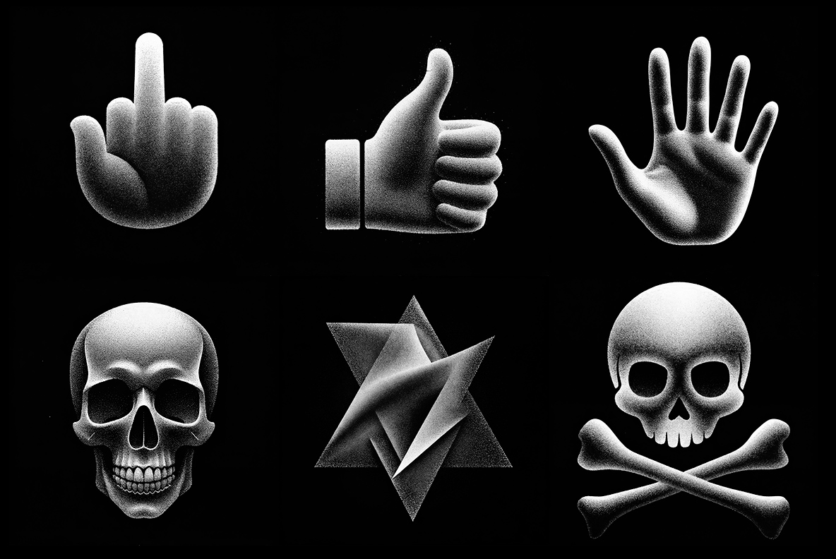 Neo Noir Font – Hand Gestures Skulls and Symbol Set Neo Noir Font icon set with hand gestures, skulls, crossbones and an abstract folded symbol