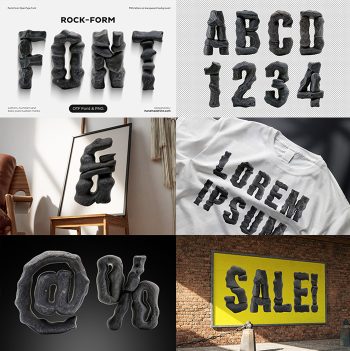 Preview grid of the Rock Form Font showing the cover, alphabet and mockups