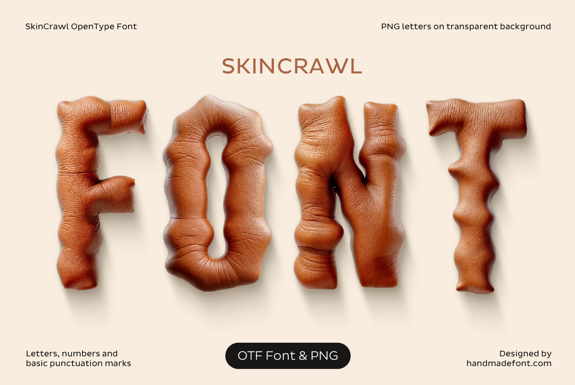 SkinCrawl Font cover with the name in skin letters Cover image spelling the name of the SkinCrawl Font in tanned skin letters on cream