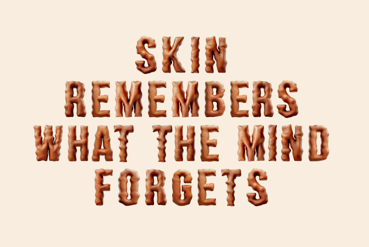 SkinCrawl Font set as a four-line statement Four centred lines of text set in the SkinCrawl Font on a cream background