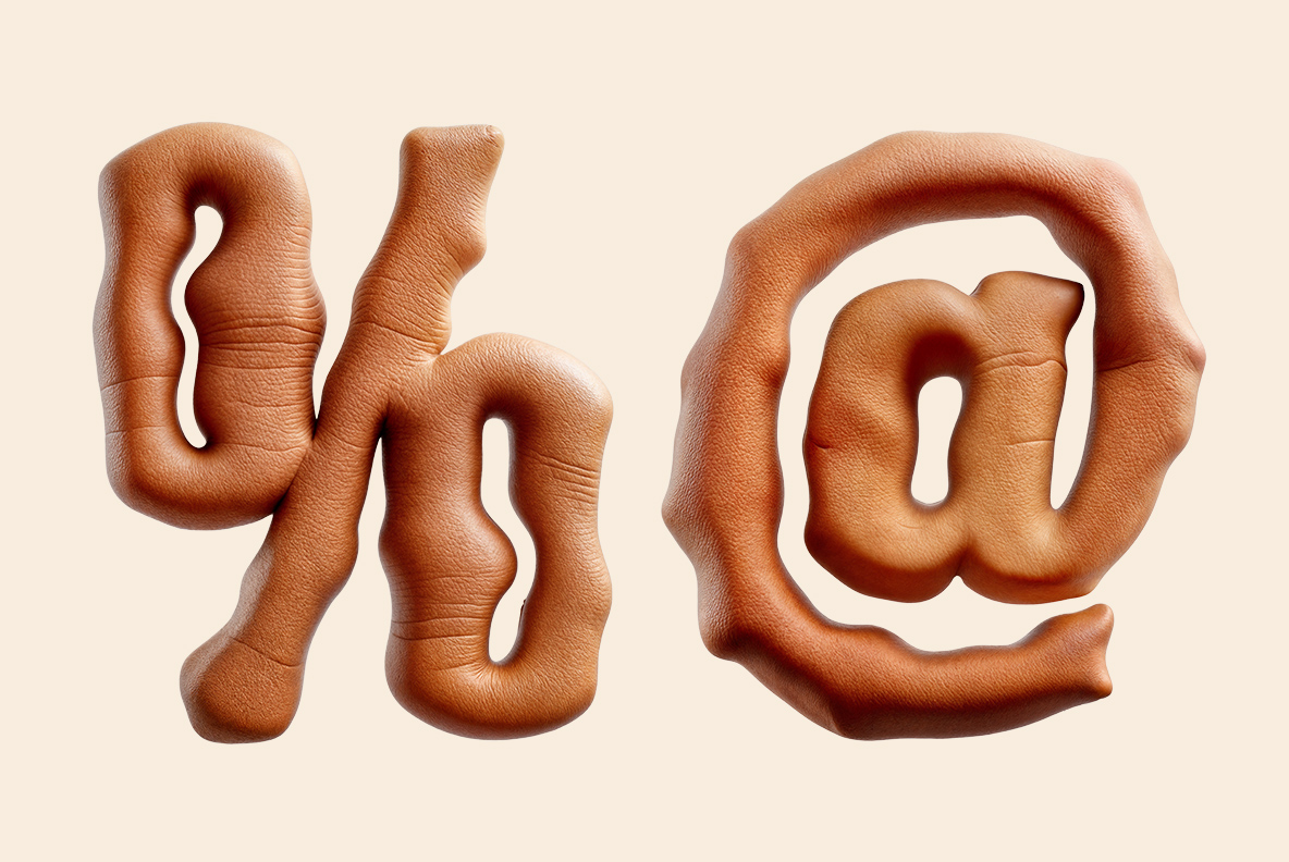 SkinCrawl Font percent and at symbols close-up Large percent and at symbols of the SkinCrawl Font showing pores and soft skin folds