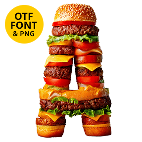 Letter A from the Burger Font stacked out of buns, patties and cheese