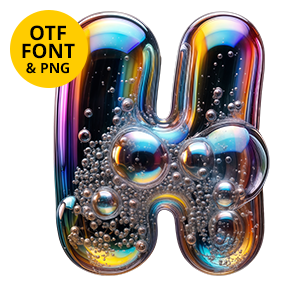 Chrome bubble letter H of the BubbleLuxe Font on a light square with the OTF and PNG badge