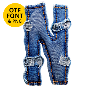 Letter N of the Denim Drip Font on a light square with the OTF and PNG badge