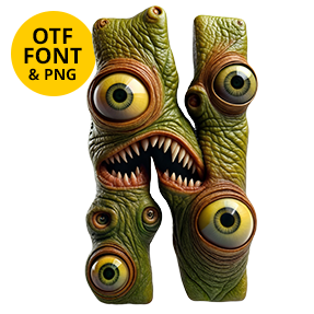 Letter N with bulging eyes and a toothy mouth in the Ugly Monster Font.