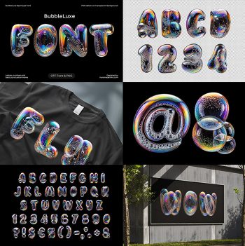 Full alphabet, numerals and punctuation of the BubbleLuxe Font in iridescent chrome