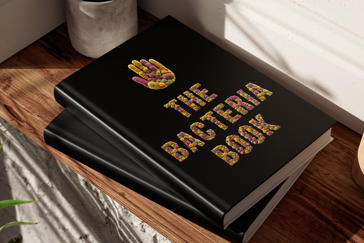 Microbiome Font On A Black Book Cover Black hardback book cover with a three-word title in the Microbiome Font.