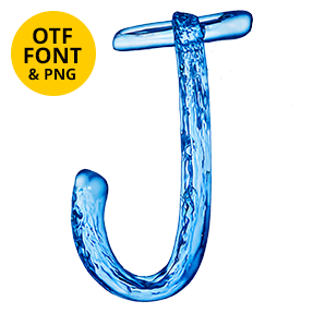 Letter J drawn as a slim tube of pale blue water in the Light Water Font.