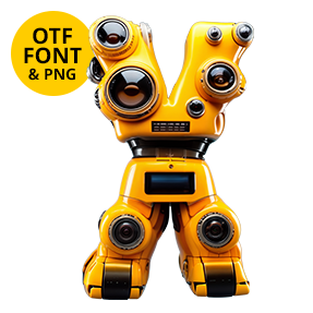 Yellow Mechanical Robot Alphabet. Futuristic Robotic Design. Mechanical Robot in Steampunk style.