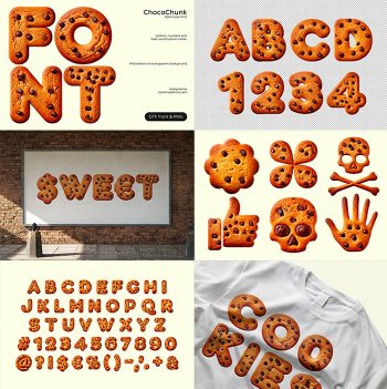 ChocoChunk Font six-panel product preview collage featuring cookie letters, numbers, symbols, a SWEET billboard, complete character set, white T-shirt mockup and OTF Font and PNG cover