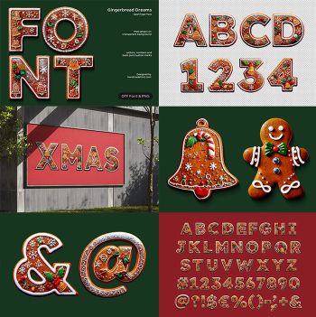 Six panel preview showing letters and mockups of the Gingerbread Dreams Font