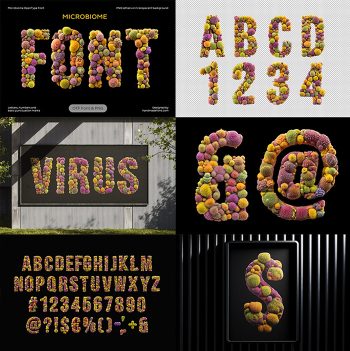 Preview collage of mockups and glyphs from the Microbiome Font.