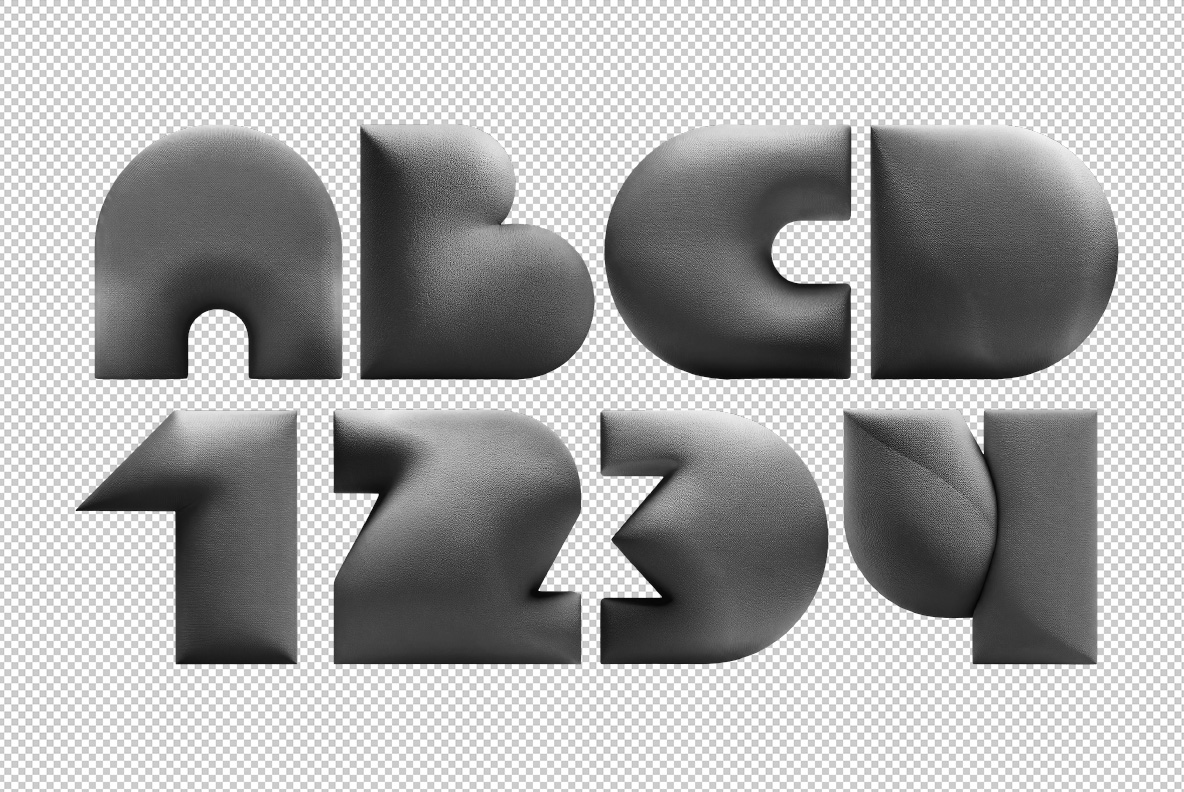 Aerochrome Font sculptural characters ABCD and numerals 1234 rendered as matte gray rounded geometric forms on a transparent checkerboard background