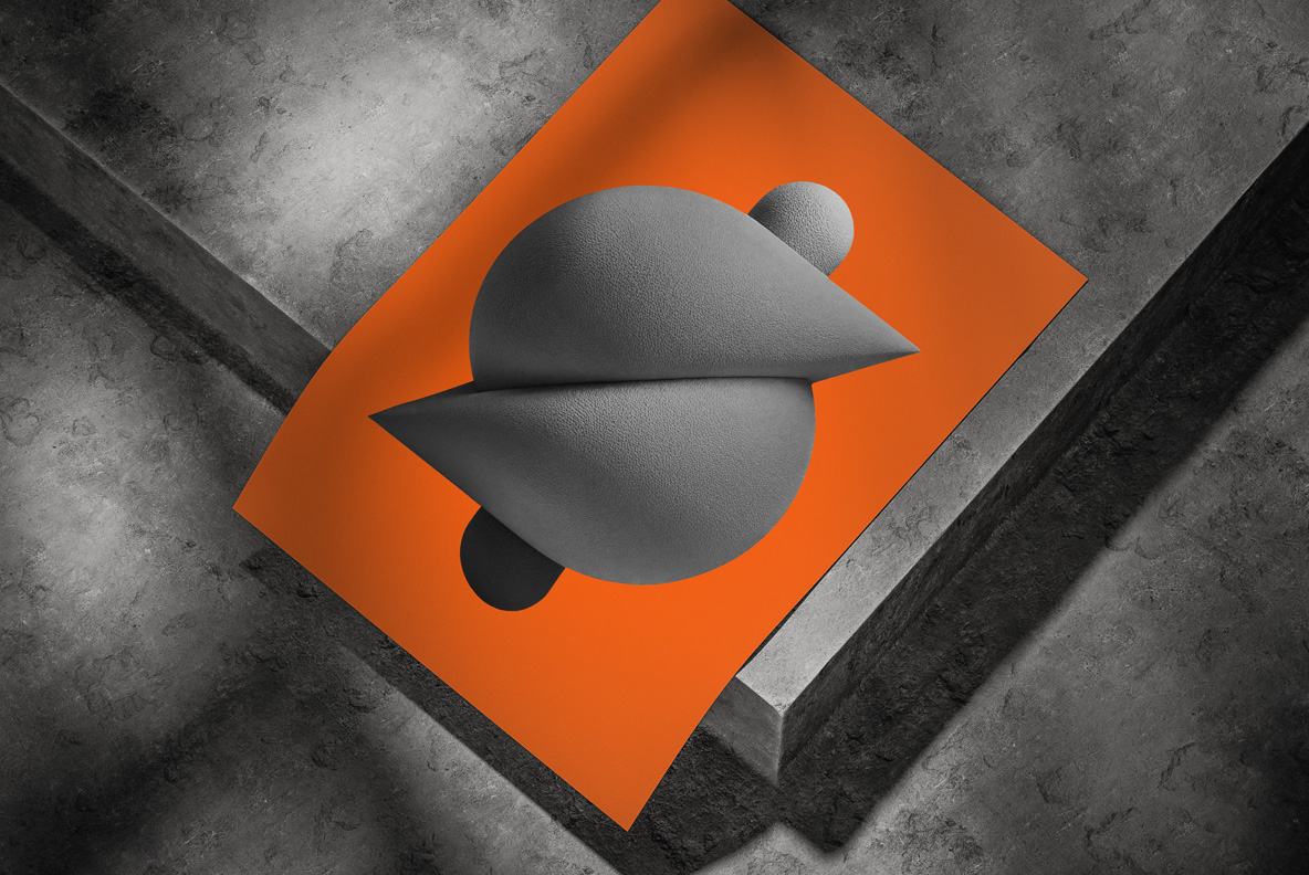 Aerochrome Font abstract matte gray percent sign built from rounded circular forms and sharp diagonal wedges on an orange poster over concrete