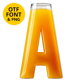 Isolated Orange Juice Font letter A made from transparent glass and bright orange juice with an OTF Font and PNG label on a pale background