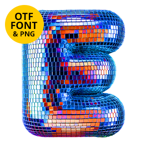 Disco Pop Font capital letter E covered in reflective blue, orange, purple, and silver mosaic tiles beside a yellow OTF Font and PNG badge