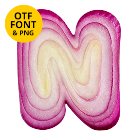 OnioType Font uppercase letter N made from pink and white red-onion rings beside a yellow OTF Font and PNG badge on a transparent background