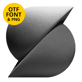 Aerochrome Font capital letter S formed from overlapping matte gray rounded wedges beside a yellow OTF Font and PNG badge on a pale background
