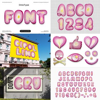 OnioType Font six-panel preview collage featuring onion-slice letters, numbers, symbols, outdoor billboards, a complete character set and an OTF Font and PNG cover