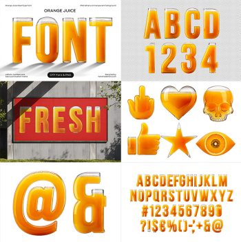 Orange Juice Font product preview collage featuring the FONT cover, alphabet and numbers, FRESH billboard, glass symbols, punctuation, and character sheet