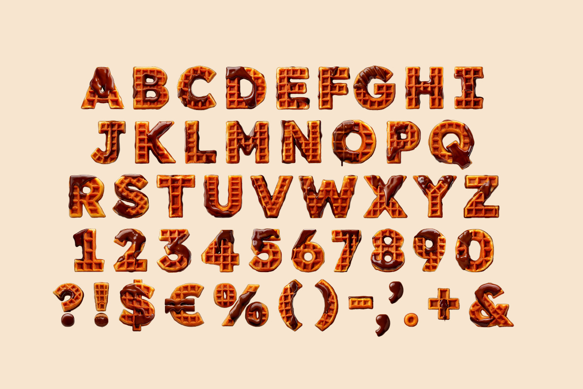Waffle Drip Font – Alphabet, Numbers and Punctuation Waffle Drip Font character set with letters, numbers and punctuation in dark caramel waffle texture
