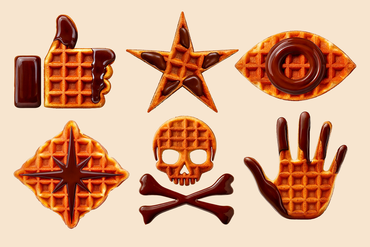 Waffle Drip Font – Waffle Icon Set with Star and Skull Waffle Drip Font bonus icons including a star, an eye, a skull and a hand in waffle texture