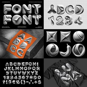 Preview collage of the Lunafold Font showing folded 3D letters and mockups