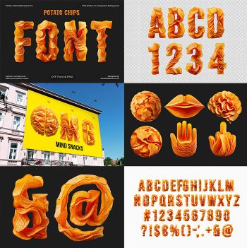 Potato Chips Font preview showing a selection of crispy golden chip letters