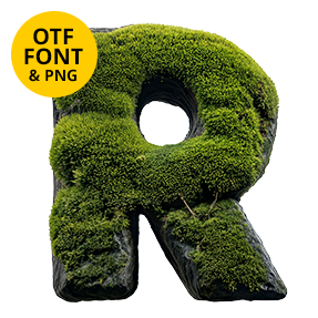Letter R crafted from the Moss on Rock Font with mossy stone texture