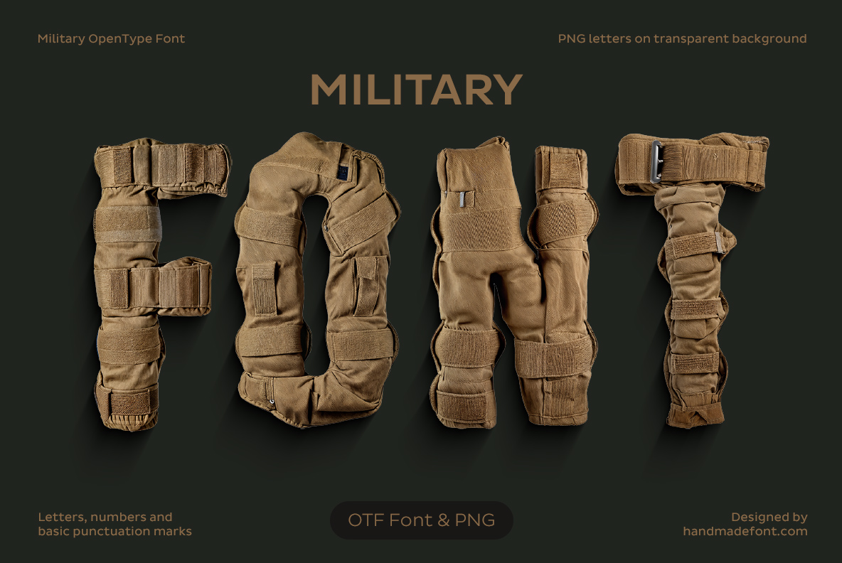 Military Font word FONT built from tan tactical gear on a dark green product presentation