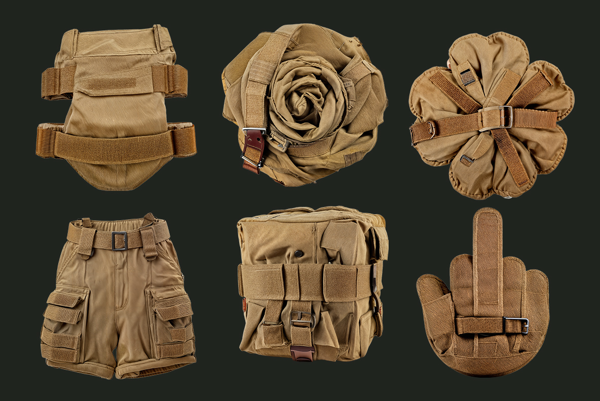 Military Font object set with shield, fabric rose, flower, cargo shorts, pouch and hand symbol