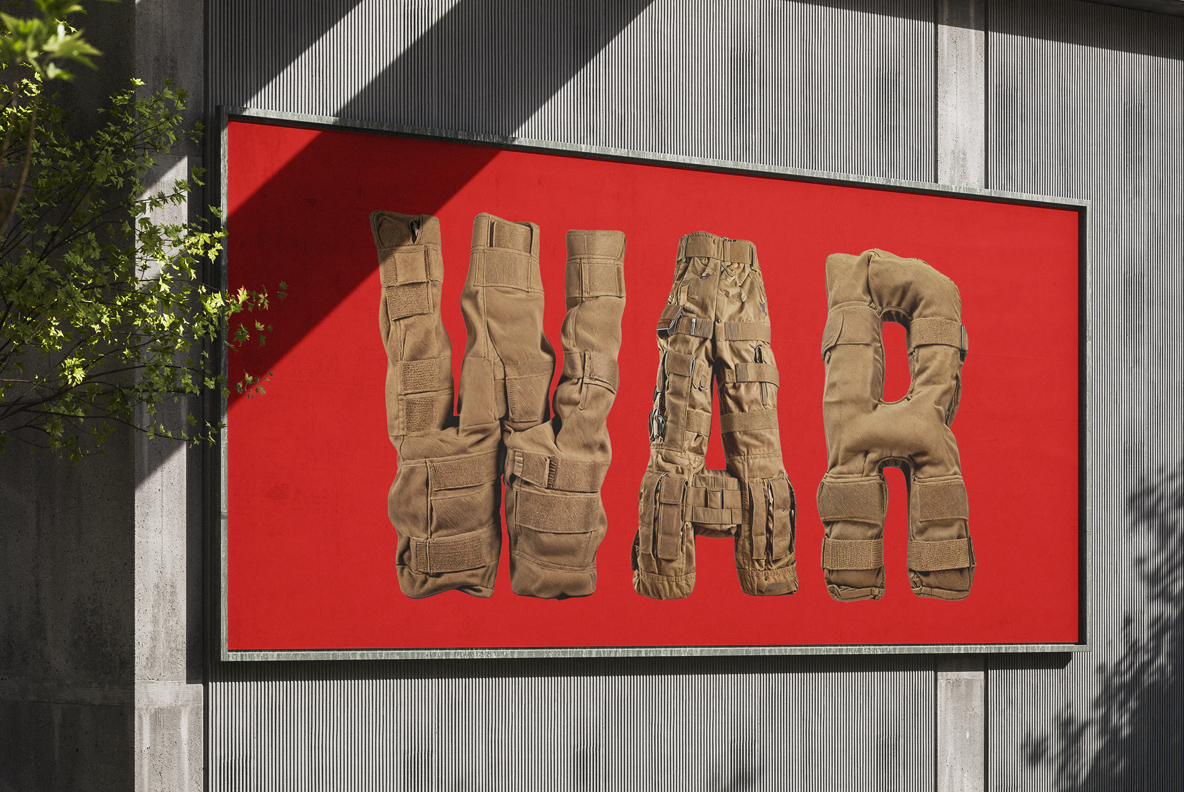 Military Font word WAR displayed in tan tactical fabric letters on a bright red outdoor billboard