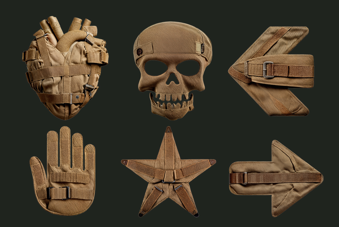 Military Font icon set featuring a heart, skull, arrows, glove and star in tan tactical fabric