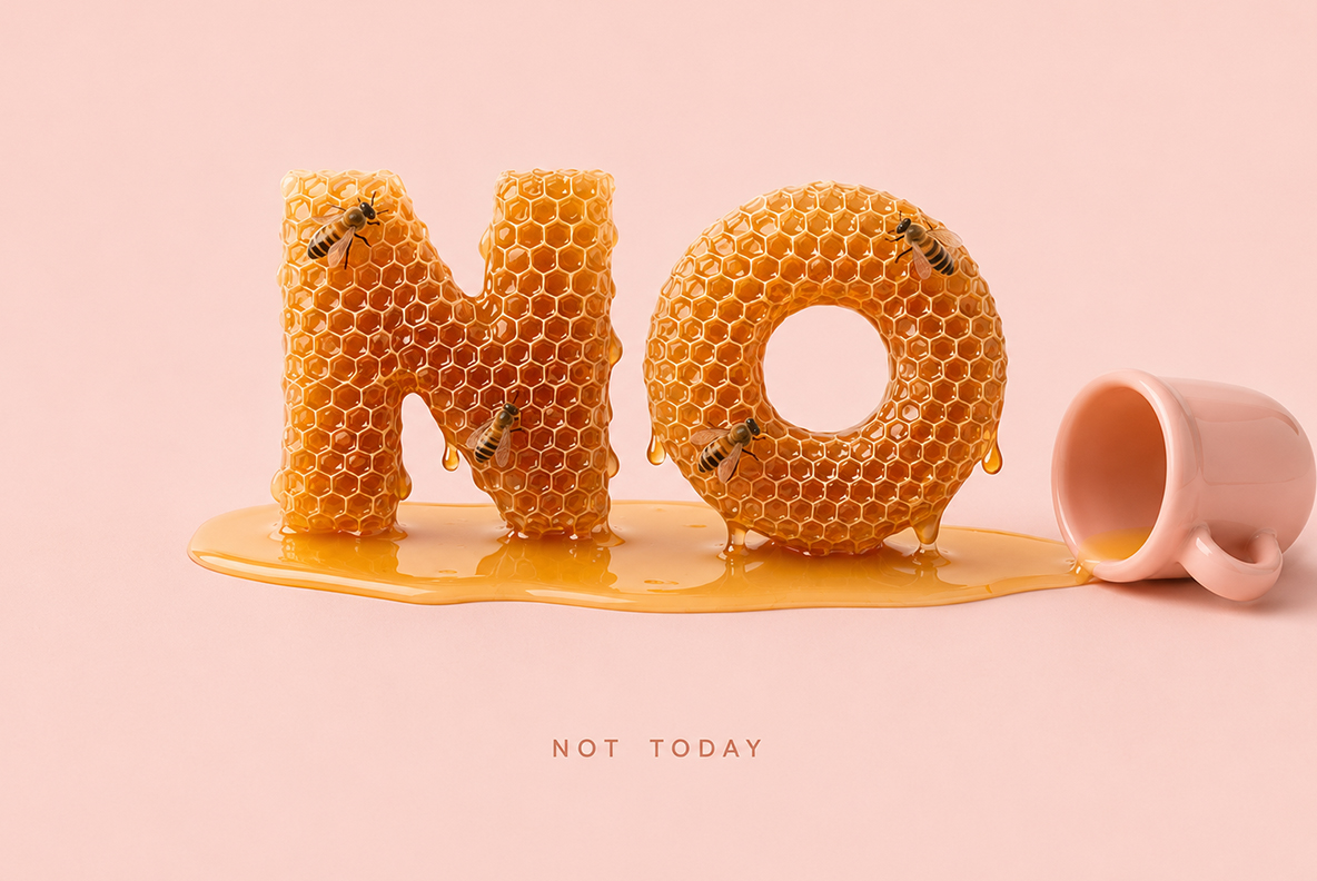 Honeycombs Font spelling NO in dripping honeycomb beside a tipped pink cup