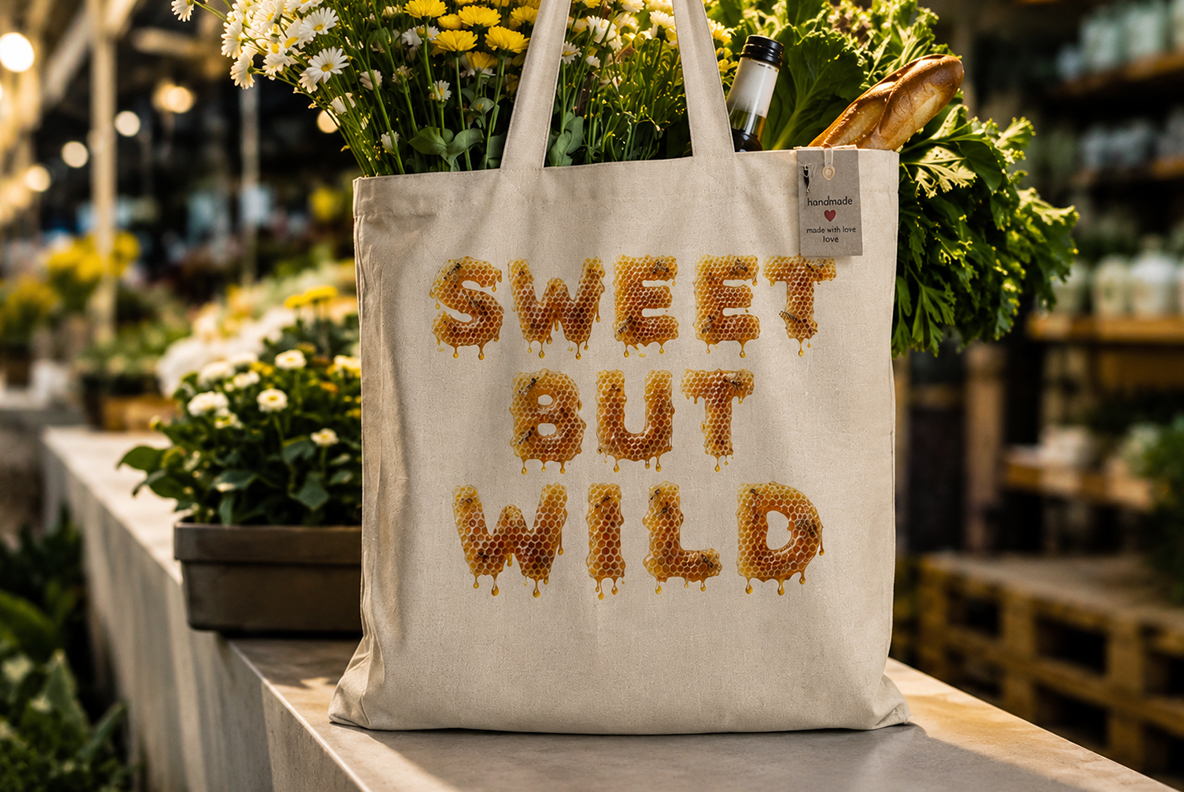Honeycombs Font spelling Sweet but Wild on a canvas market tote filled with flowers and groceries