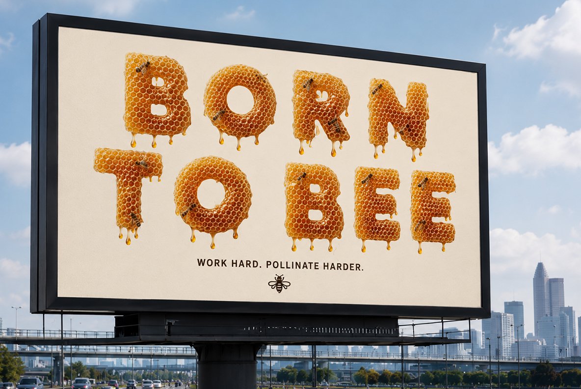 Honeycombs Font spelling Born to Bee on a city billboard beneath a bright blue sky