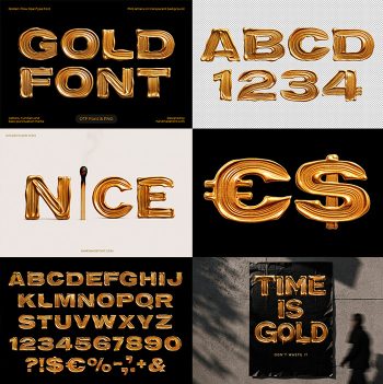 Six panel preview showing letters and mockups of the Golden Flow Font
