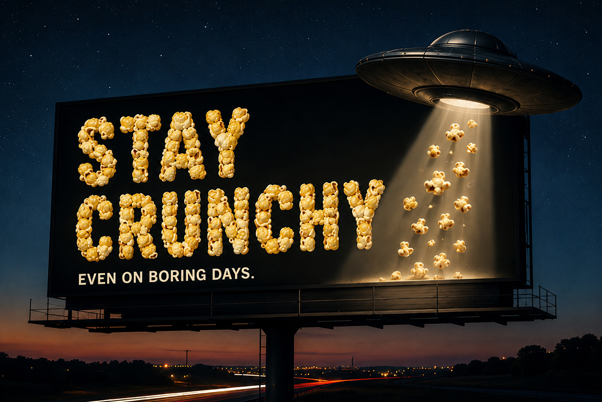 Golden Popcorn Font – Stay Crunchy Billboard Mockup Billboard mockup at night reading Stay Crunchy in the Golden Popcorn Font with a UFO graphic