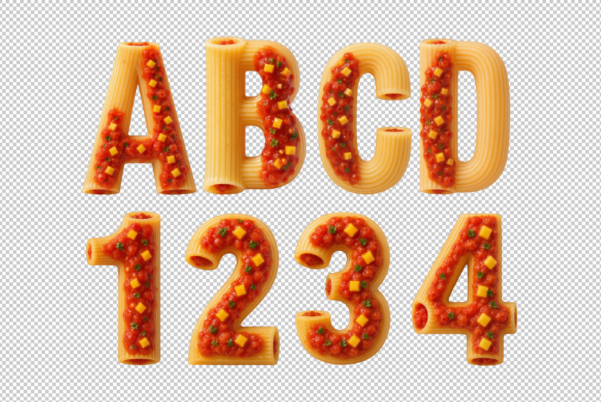Pasta Fusion Font – Letter Close-Up Close-up of the letters A, B, C, D and numbers 1 to 4 from Pasta Fusion Font on a transparent background.