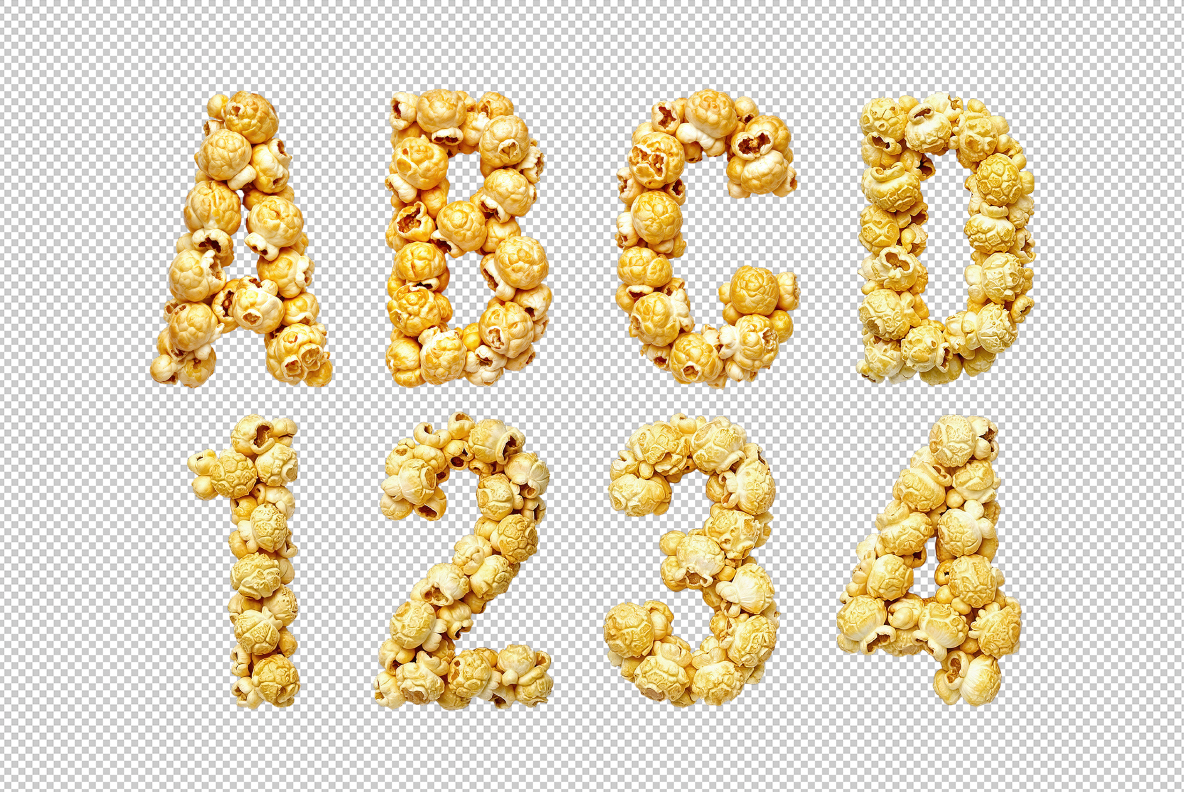 Golden Popcorn Font – Transparent PNG Letters ABCD Transparent PNG letters A, B, C, D in the Golden Popcorn Font on a checkered background