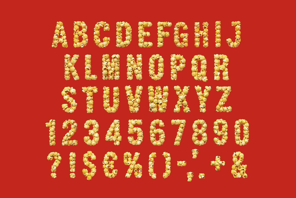 Golden Popcorn Font – Full Character Set Complete Golden Popcorn Font character set with letters, numbers, and punctuation on a red background
