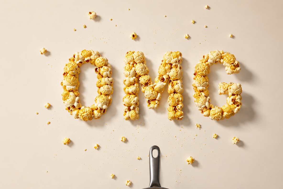 Golden Popcorn Font – OMG Word Mockup The word OMG spelled in Golden Popcorn Font letters beside a frying pan
