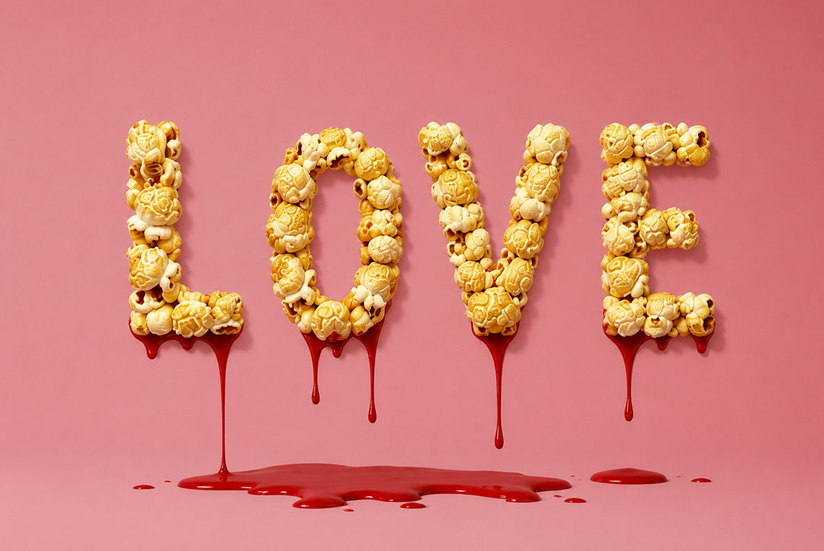 Golden Popcorn Font – LOVE Word with Dripping Sauce The word LOVE in Golden Popcorn Font letters dripping red sauce on a pink background