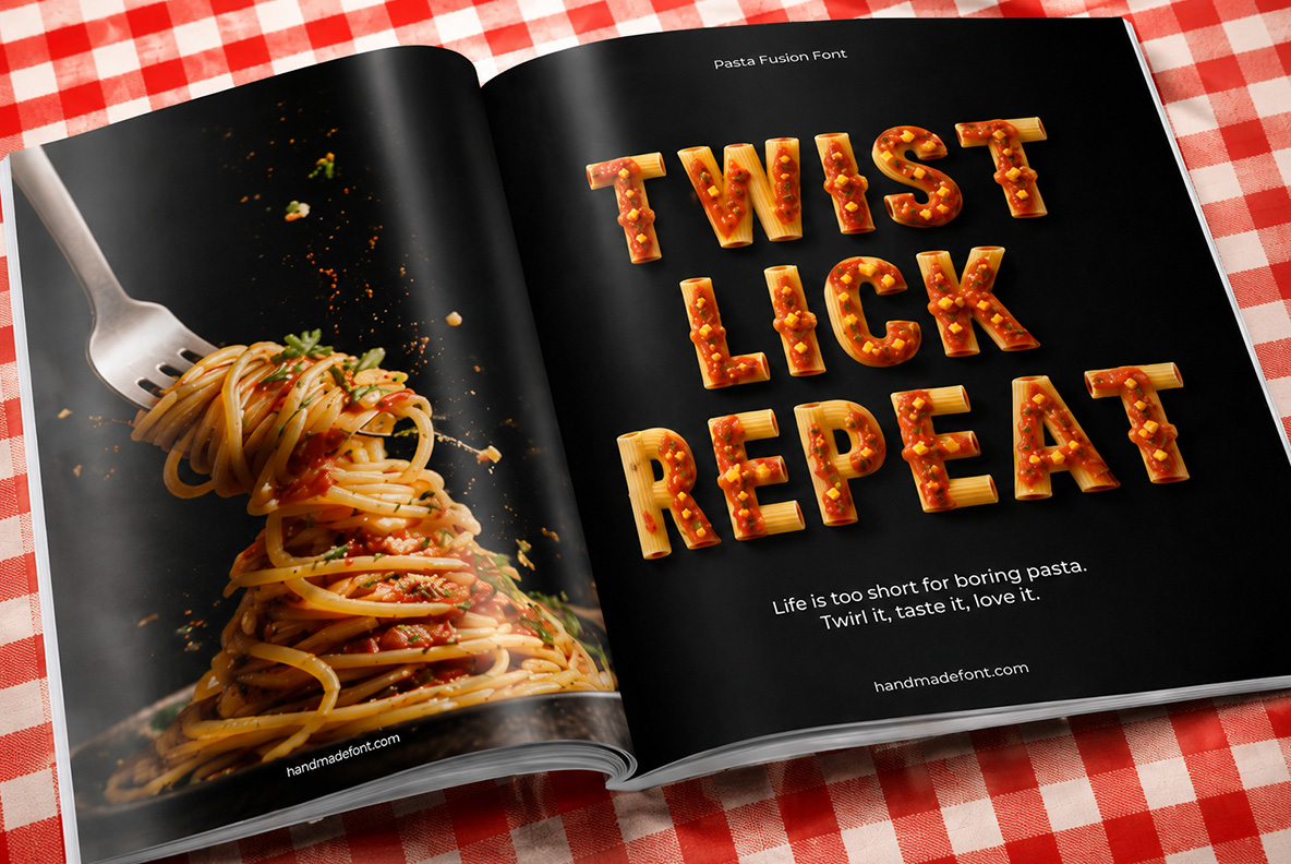Pasta Fusion Font – Magazine Spread Mockup Magazine spread mockup featuring Pasta Fusion Font spelling TWIST LICK REPEAT beside a plate of twirled spaghetti.