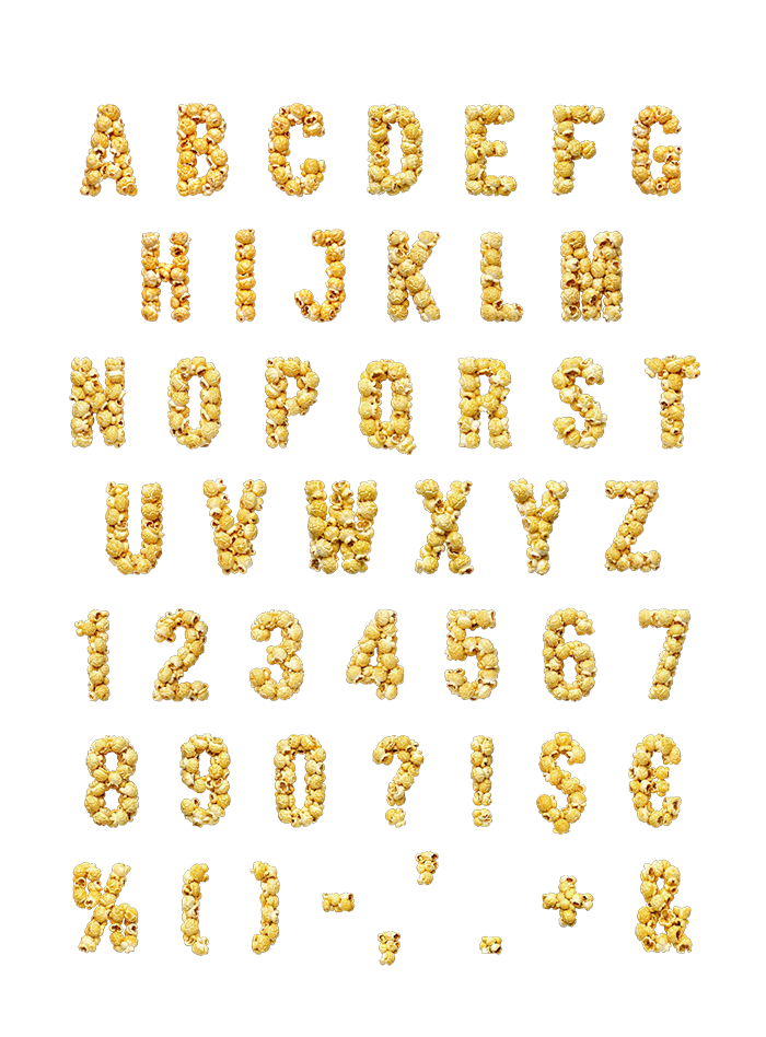 Full uppercase alphabet, numbers, and punctuation marks in the Golden Popcorn Font