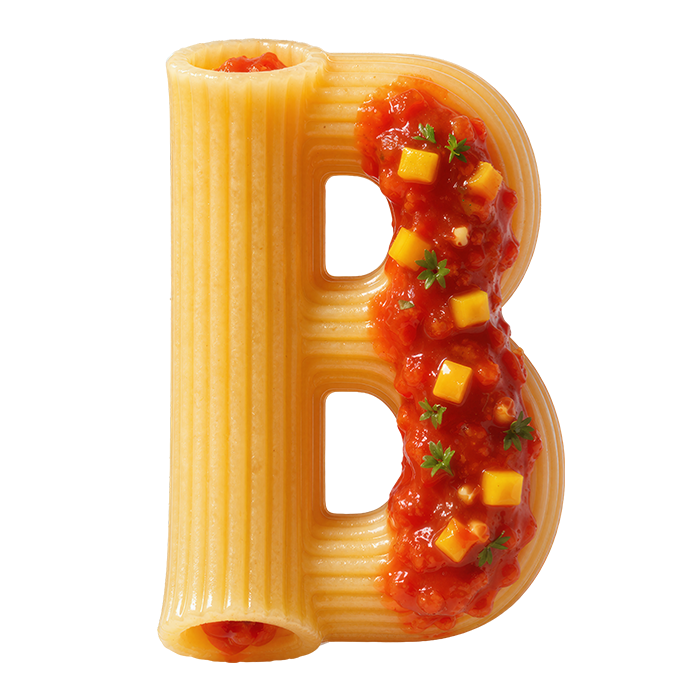 Pasta Fusion Font letter B close-up in rigatoni pasta